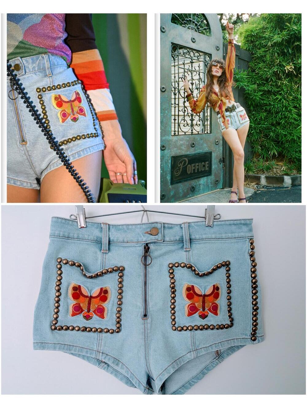 Stoned Immaculate "Butterflies Are Free" high-waisted denim shorts 70's Festival
